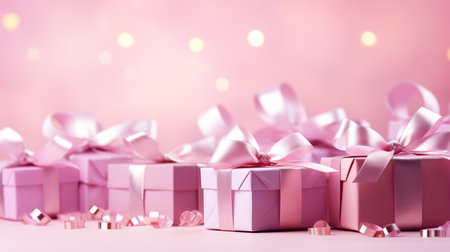 pink gift boxes with ribbons on a pink background. Festive background with place for textの素材