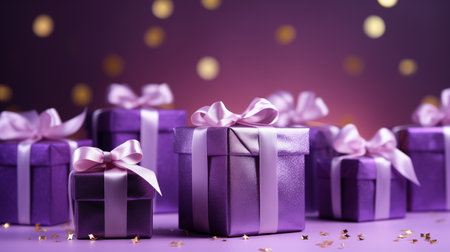 purple gift boxes on a purple background. festive background with place for textの素材