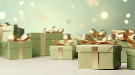 Pistachio colored gift boxes with ribbons on pistachio backgroundの素材
