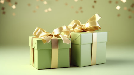 Pistachio colored gift boxes with ribbons on pistachio backgroundの素材