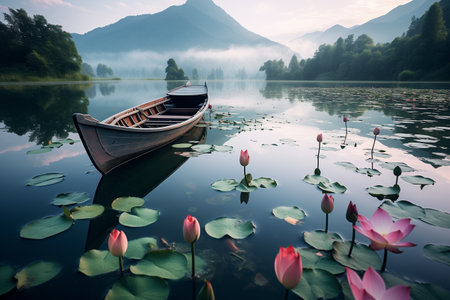 wooden boat on a lake with blooming pink lotusesの素材