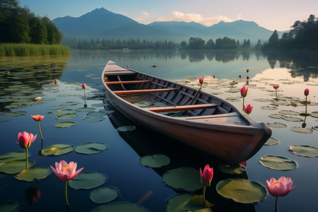wooden boat on a lake with blooming pink lotusesの素材
