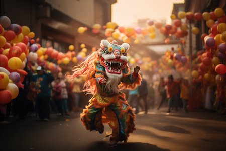 a traditional Chinese dragon dances the dragon dance at the Chinese New Year festivalの素材