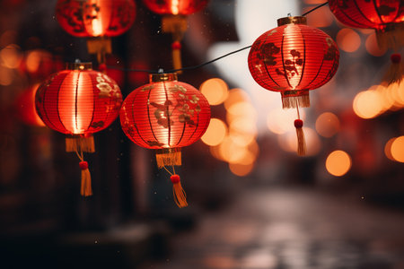 Chinese red lanterns on a night street during Chinese New Yearの素材