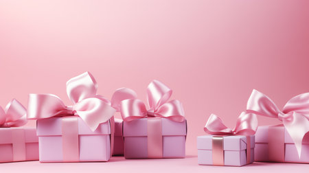 pink gift boxes with ribbons on a pink background. Festive background with place for textの素材