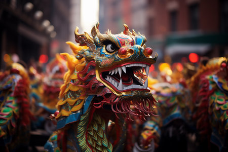 a traditional Chinese dragon dances the dragon dance at the Chinese New Year festivalの素材