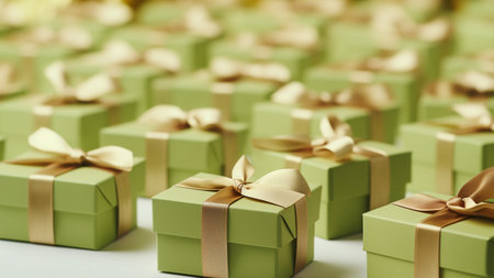 Pistachio colored gift boxes with ribbons on pistachio backgroundの素材
