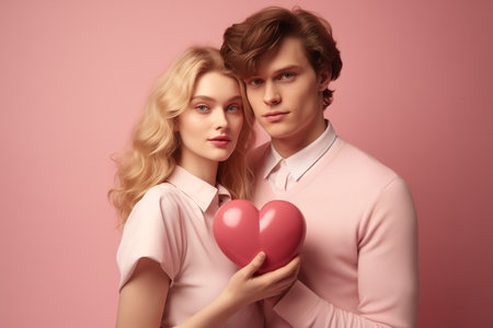 portrait on a pink background of a hugging young couple holding a heart in their handsの素材