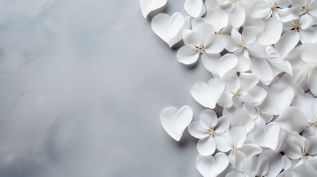 Background with white rose petals and flowers on a concrete background. Love, Valentine's Day, International Women's Dayの素材