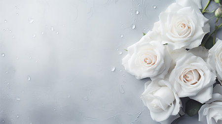 Background with white rose petals, flowers and water drops on a concrete background. Love, Valentine's Day, International Women's Dayの素材