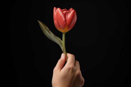 female hand with a tulip, close-up on a dark backgroundの素材