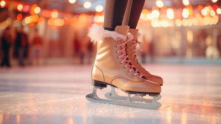 female legs in skates on ice, close-up, bokeh from lightsの素材