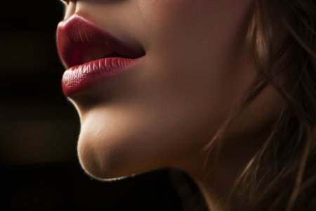 female lips with red lipstick, close-upの素材