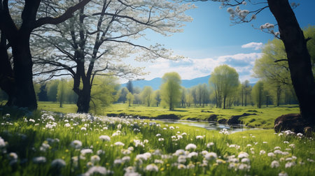 Beautiful blurred spring background of a forest with a blooming meadow, trees and blue sky on a sunny dayの素材