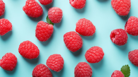 ripe raspberry fruit on a blue backgroundの素材
