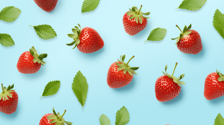 background of strawberry and mint leaves on a pale blue backgroundの素材