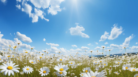 blooming meadow of chamomile and wildflowers, blue sky on a sunny spring day, blurred backgroundの素材