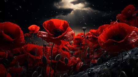 red poppy flowers against a dramatic black skyの素材