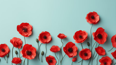 red poppy flowers on a light blue backgroundの素材