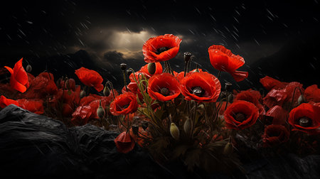 red poppy flowers against a dramatic black skyの素材