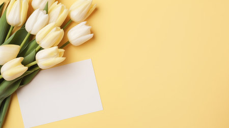 pale yellow background with a bouquet of white tulips and a greeting card, free space for textの素材