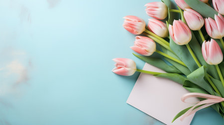 pale blue background with a bouquet of tulips and a greeting card, free space for textの素材
