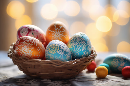 multi-colored Easter eggs in a wicker basket on a table with a willow sprig, Easter moodの素材