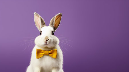 white rabbit with a yellow bow tie on a purple backgroundの素材