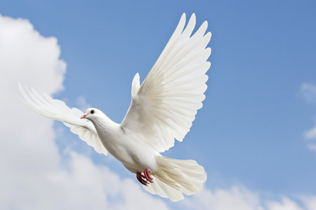 White doves flying in the blue sky and white clouds background.の素材