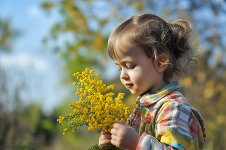 Cute little girl in yellow coat with bouquet of yellow flowersの素材
