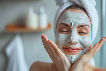 smiling young woman with towel on head applying facial mask in bathroomの素材