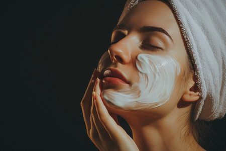 beautiful young woman with white towel on her head applying cosmetic cream on face in bathroomの素材