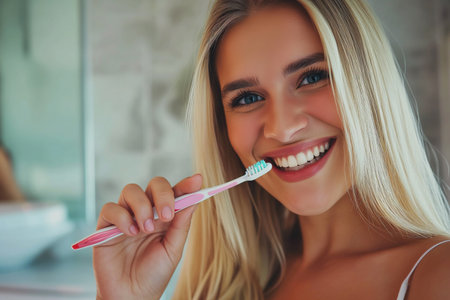 beautiful young woman with toothbrush in bathroom, teeth care conceptの素材