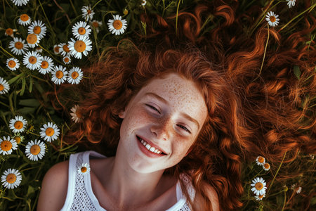 Portrait of a beautiful young red-haired girl with chamomile flowers.の素材