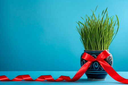 Green grass in a pot with a red ribbon on a blue background, Nauryz celebrationの素材