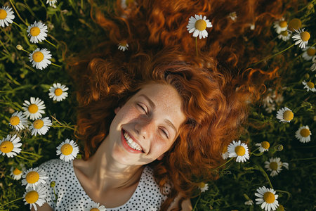 Portrait of a beautiful young red-haired girl with chamomile flowers.の素材