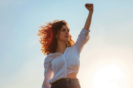 woman with flowing hair with raised fist, girl powerの素材