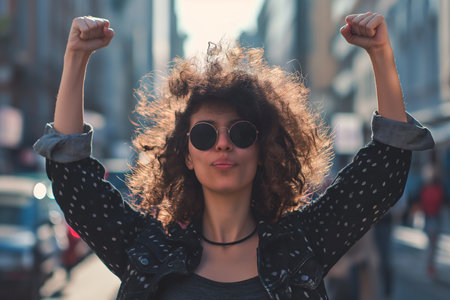 Young African American woman with sunglasses and raised fists upの素材