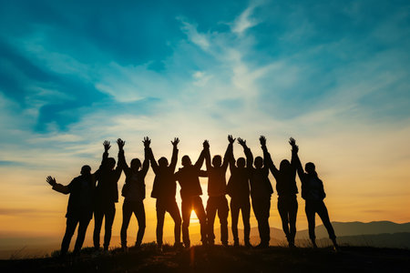 group of people with raised hands at sunset, teamwork conceptの素材
