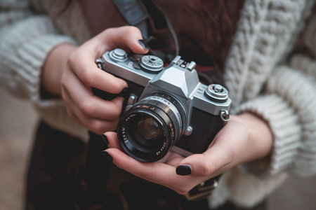 female hands holding a cameraの素材