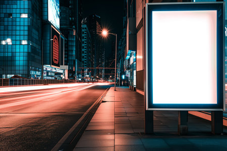 Illuminated blank billboard with copy space for your text message or content, public information board in night city with beautiful dusk on background, advertising mock up banner in metropolitan cityの素材