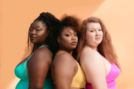 portrait of three smiling plump women of different nationalities in swimsuits, body positivity conceptの素材