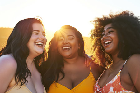 portrait of three smiling plump women of different nationalities in swimsuits, body positivity conceptの素材