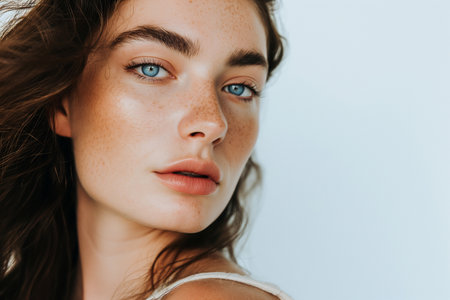 Beauty portrait of a young attractive brunette woman with natural makeup on a white backgroundの素材