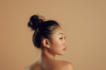 portrait of a young Asian woman with tied hair on her head and bare shoulders on a beige backgroundの素材