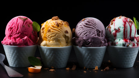 colorful ice cream scoops on dark marble backgroundの素材