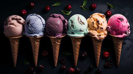 colorful ice cream scoops on dark marble backgroundの素材