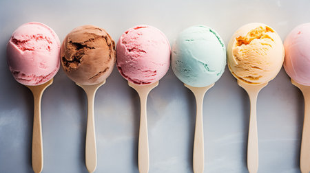 colorful ice cream balls on marble backgroundの素材