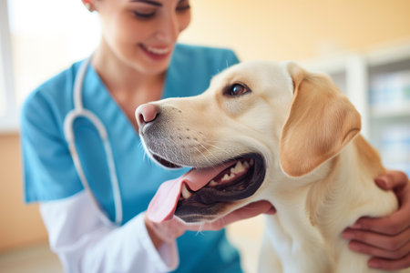 caring woman veterinarian examines a dog at an appointmentの素材
