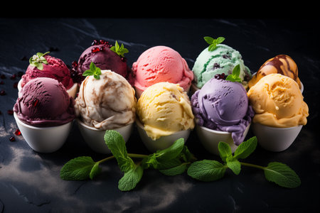 colorful ice cream scoops on dark marble backgroundの素材